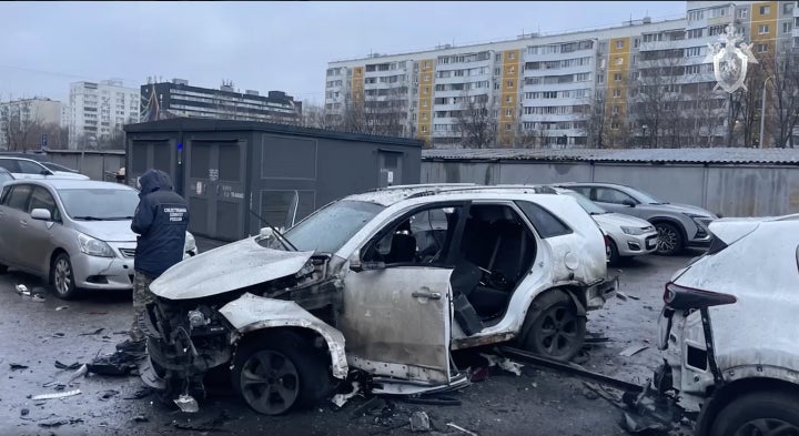 A screen grab from a video shows investigators and forensic experts from the Moscow Investigative Committee work at the scene of a car explosion in southern Moscow, Russia, on Dec. 22, 2025. Lieutenant General Fanil Sarvarov, Head of the Operational Training Directorate of the General Staff of the Armed Forces of the Russian Federation, lost his life in the explosion.